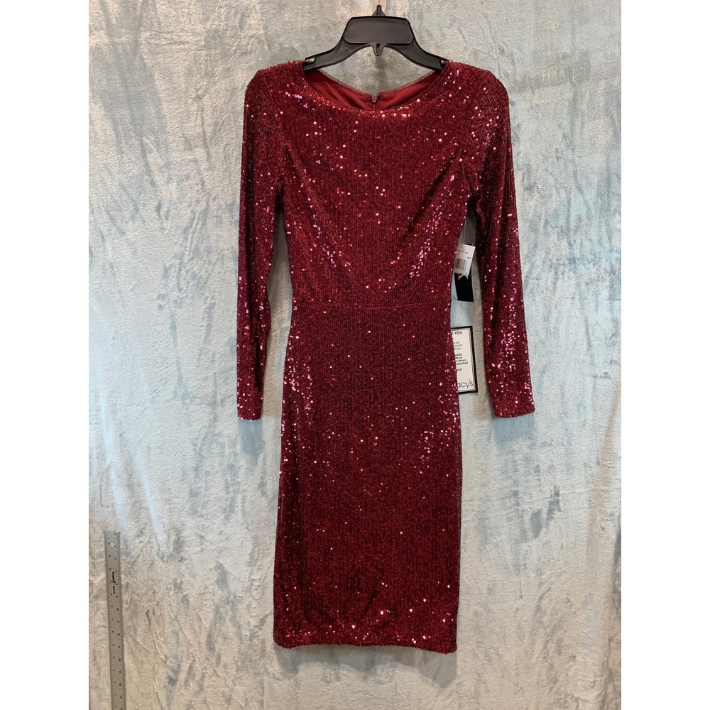 X by Xscape Women Wine Red Sequin Long Sleeve Bodycon Cocktail Dress XC277 Sz 4